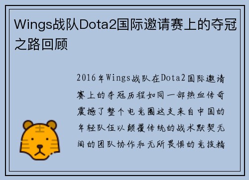 Wings战队Dota2国际邀请赛上的夺冠之路回顾